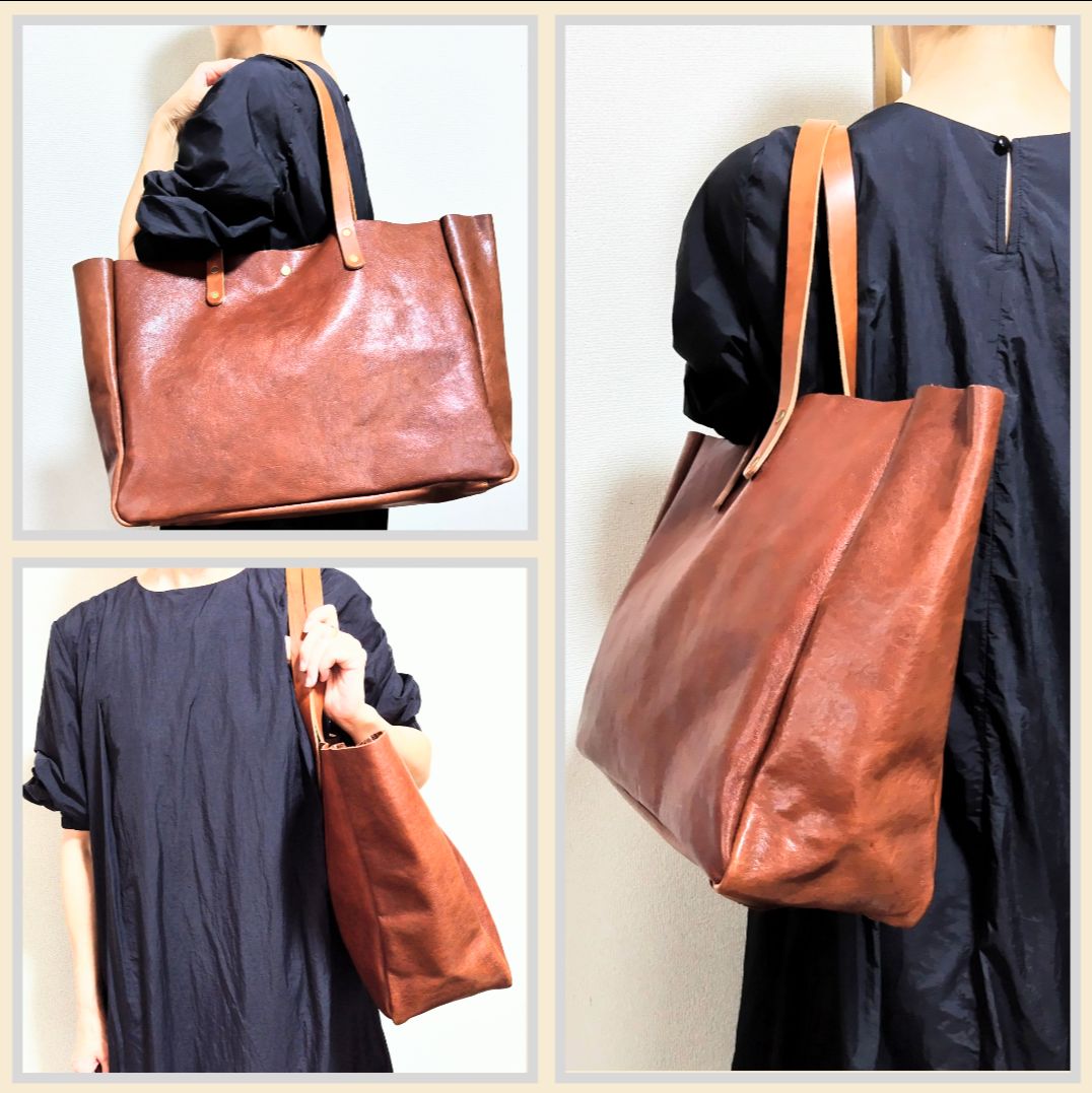 超激安 ☆ハンドメイド☆ グレー クリーマー加工 トートバック ヌメ本革 バッグ