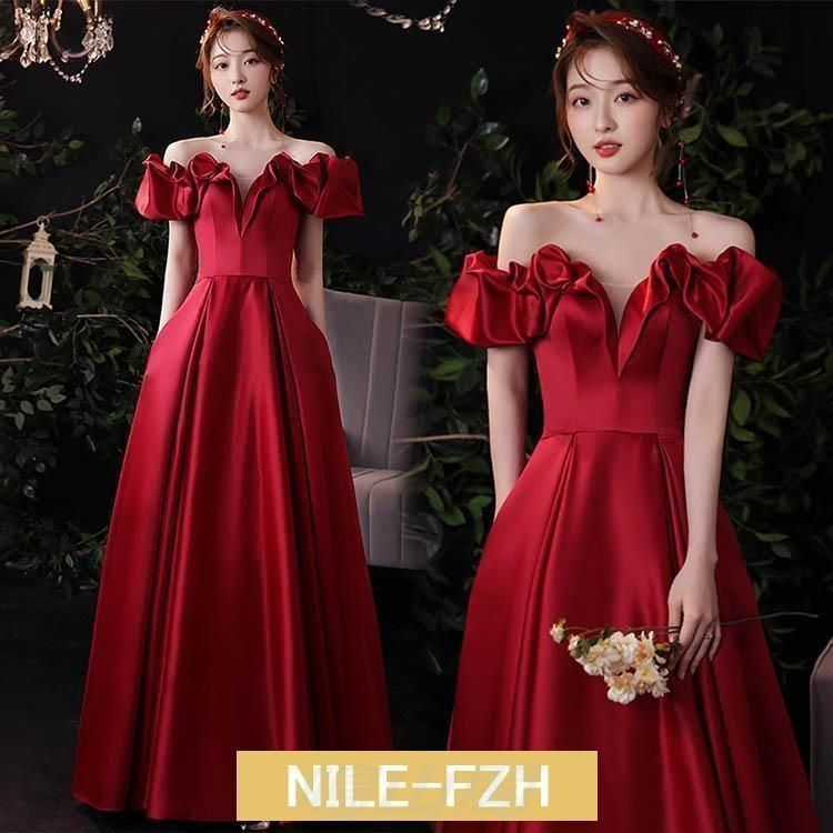 イブニングドレス オフショルダー サテンドレス ワイン赤 ゲストドレス 結婚式ドレス 二次会ドレス ワインレッド ロングドレス 発表会ドレWP数量 価格926