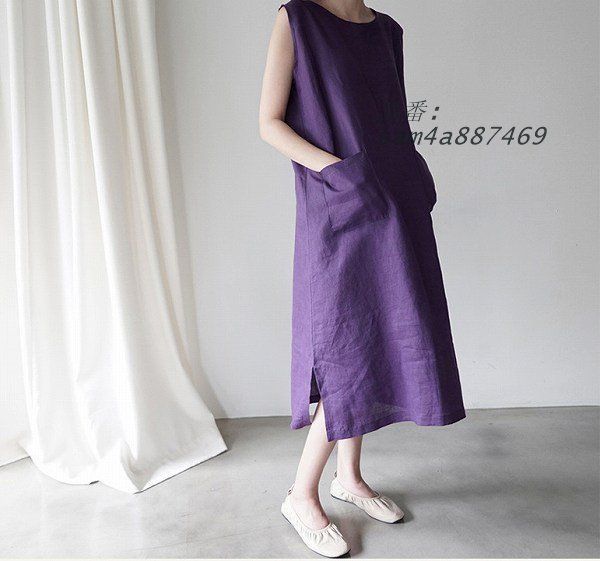 大人麻のワンピース ノースリーブ ストレートライン ダブルポケットサイドスリット パープル ひざ下丈 ほっそり効果大 クリックポストで発送可 女子会 am4a887469