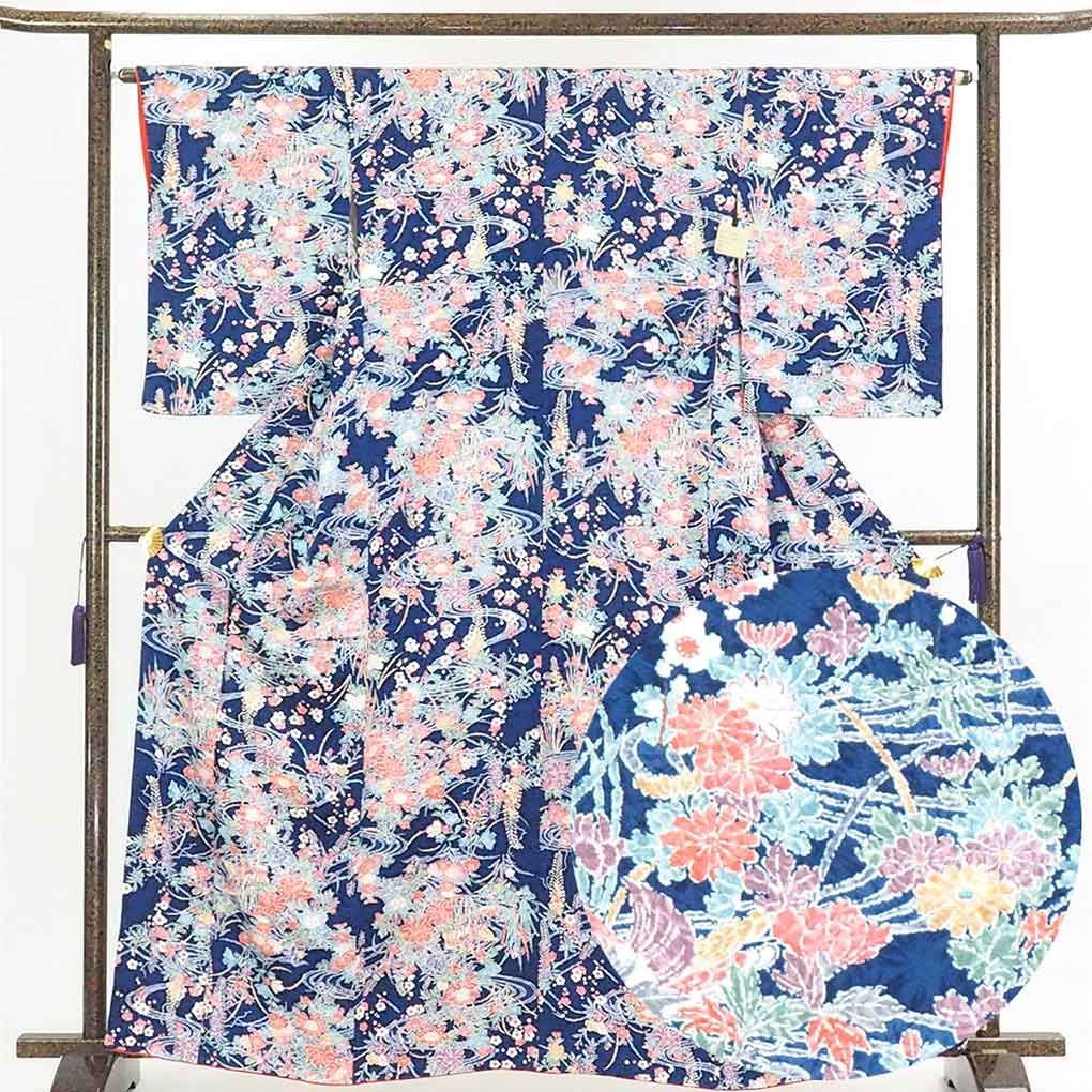 小紋 リサイクル着物 身丈164cm 裄64cm 前幅24.5cm 後幅28cm 袖丈49cm レディース 袷 花柄 裄Mサイズ 秋冬春用 正絹（シルク）茶色 トールサイズ 美品 中古小紋 リサイクル着物 身丈166cm 裄64cm 前幅24.5cm