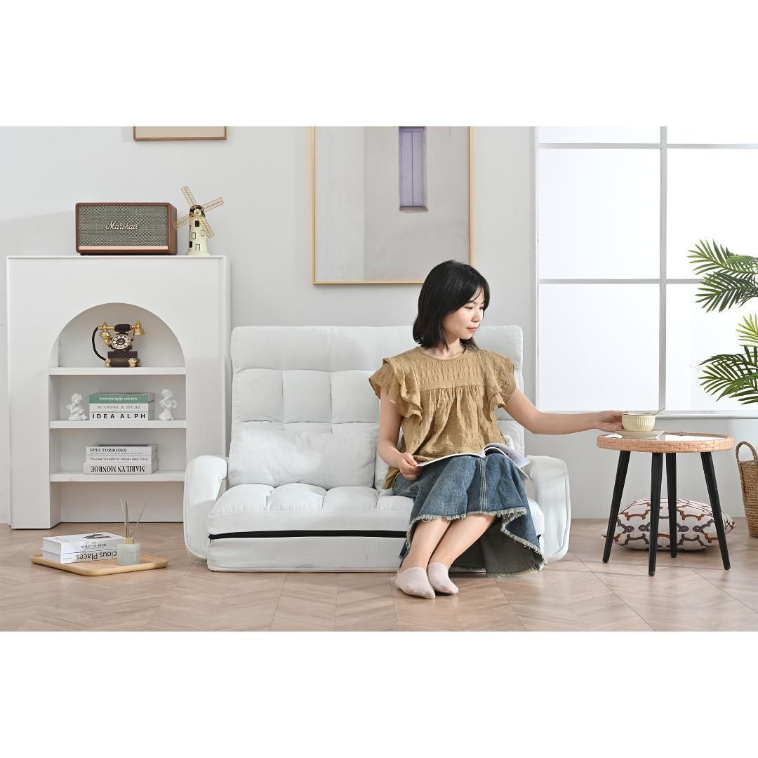 座椅子 4WAY リクライニングソファ 折りたたみ座いす 2人掛け【ホワイト】