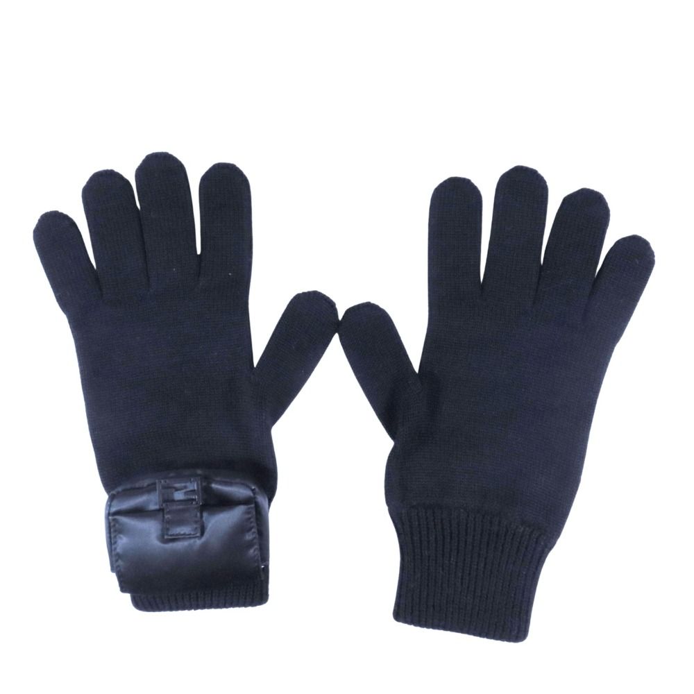 FENDI フェンディ ウール ニット グローブ 手袋 FFロゴ金具 アームウォーマー リブ ポーチ付き M 黒 ブラック メンズ 古着