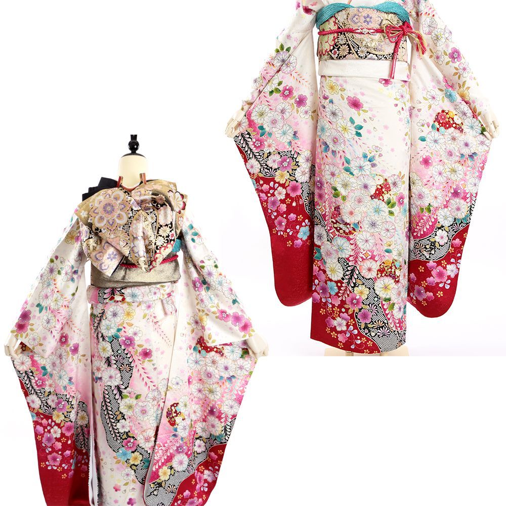 振袖 振袖フルセット 振袖セット USED振袖 中古 白 古典柄 辻が花 7点
