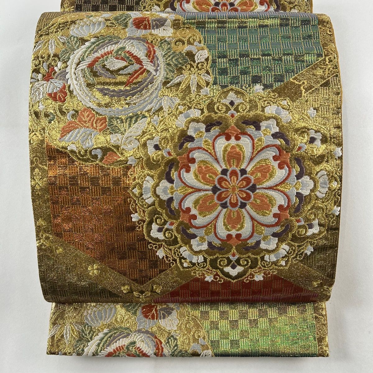 買い誠実 箔 取り 華文 振袖向き 秀品 袋帯 金銀糸 【中古 正絹 六通 金色 着物・浴衣