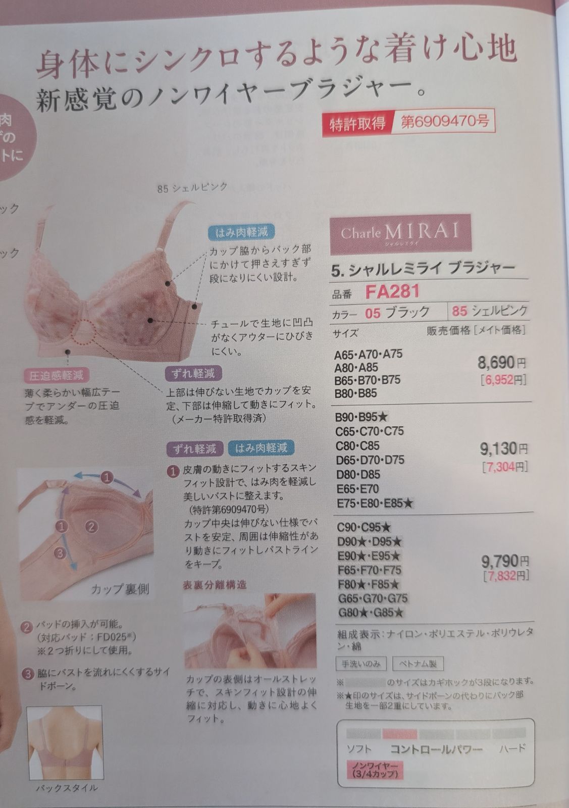 シャルレミライブラジャーF75サイズブラックノンワイヤーハミ肉