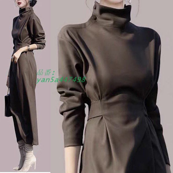 大人ワンピース シックな装い 大人かっこいい ミモレ丈 長袖 オフタートル 送料無料20代30代40代50代60代 細く見える ウエストシェイプ yan5a447498