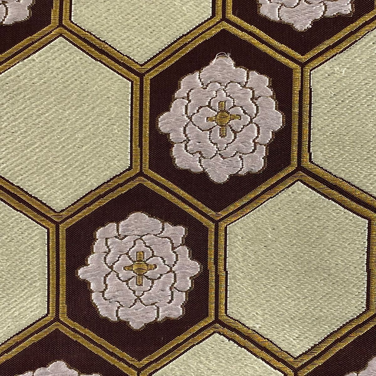 袋帯 洛風林 落款 亀甲 花 金糸 茶色 お太鼓柄 正絹