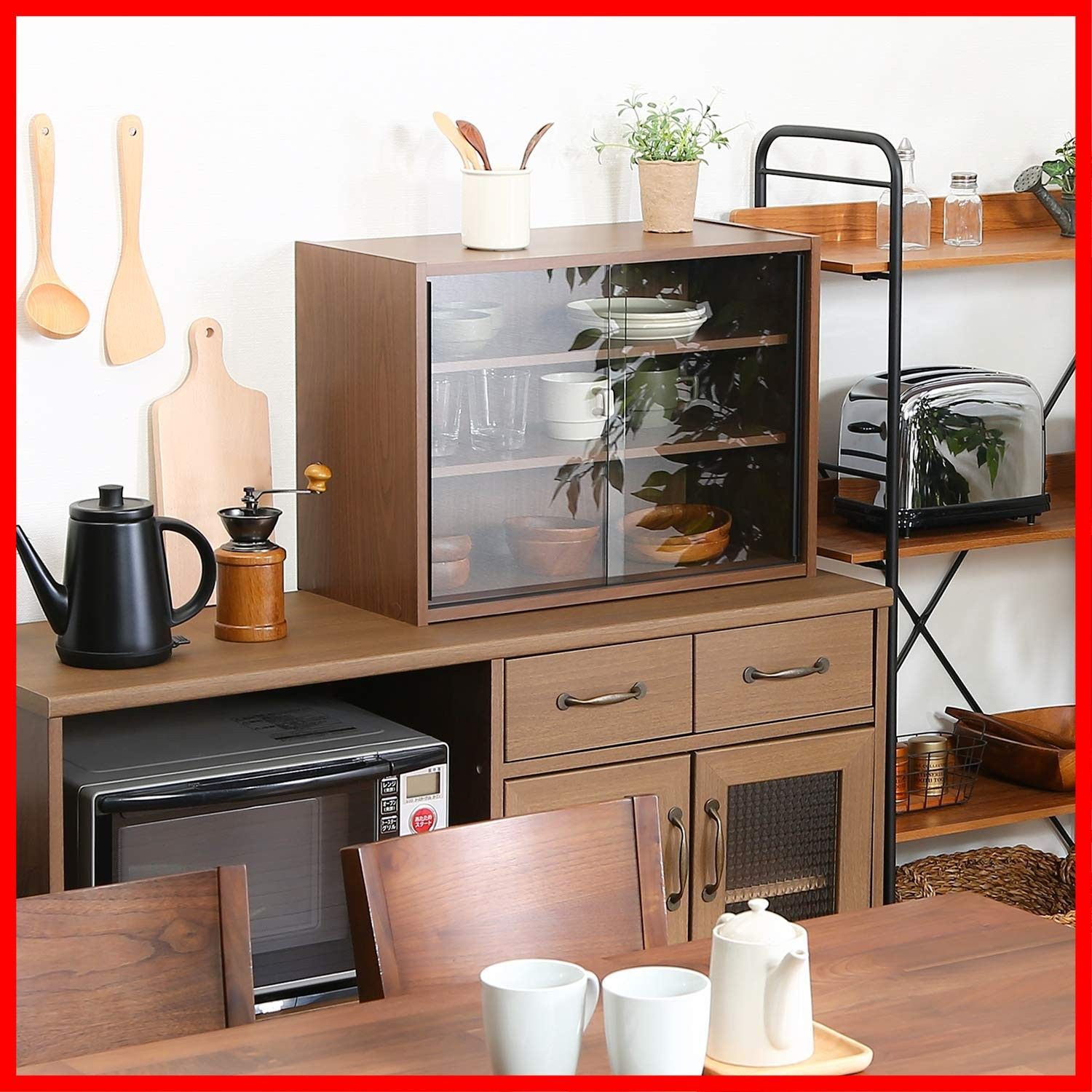 食器棚キッチン収容棚　美品 組立品 可動棚 ガラス扉 99435 ミディアムブラウン 幅60×奥行29×高さ