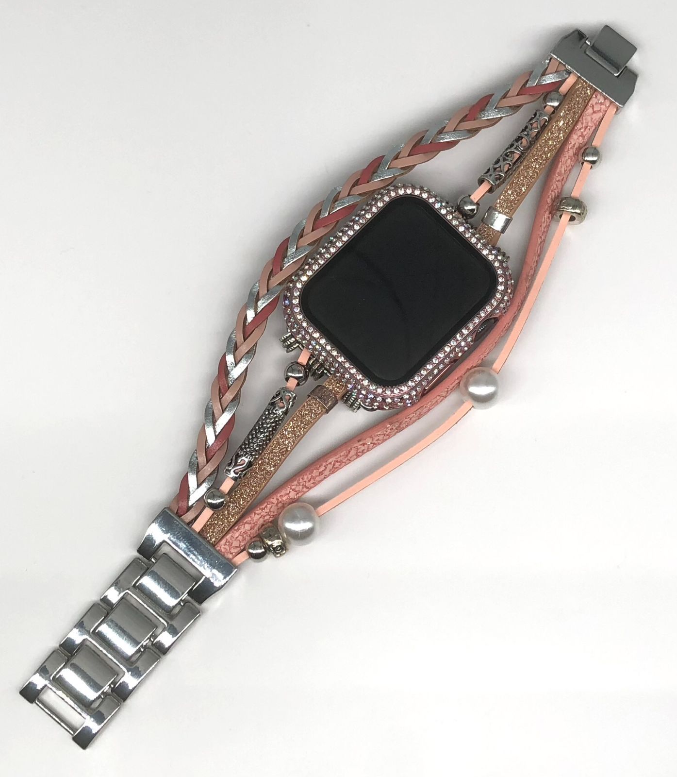 GimelZayinセット アップルウォッチバンド ステンレスベルト Apple Watch キラキラ ローズゴールド ピンク レザー 高級 カバー  ケース se メンズ レディース 40mm 41mm 44mm 45mm オリジナル