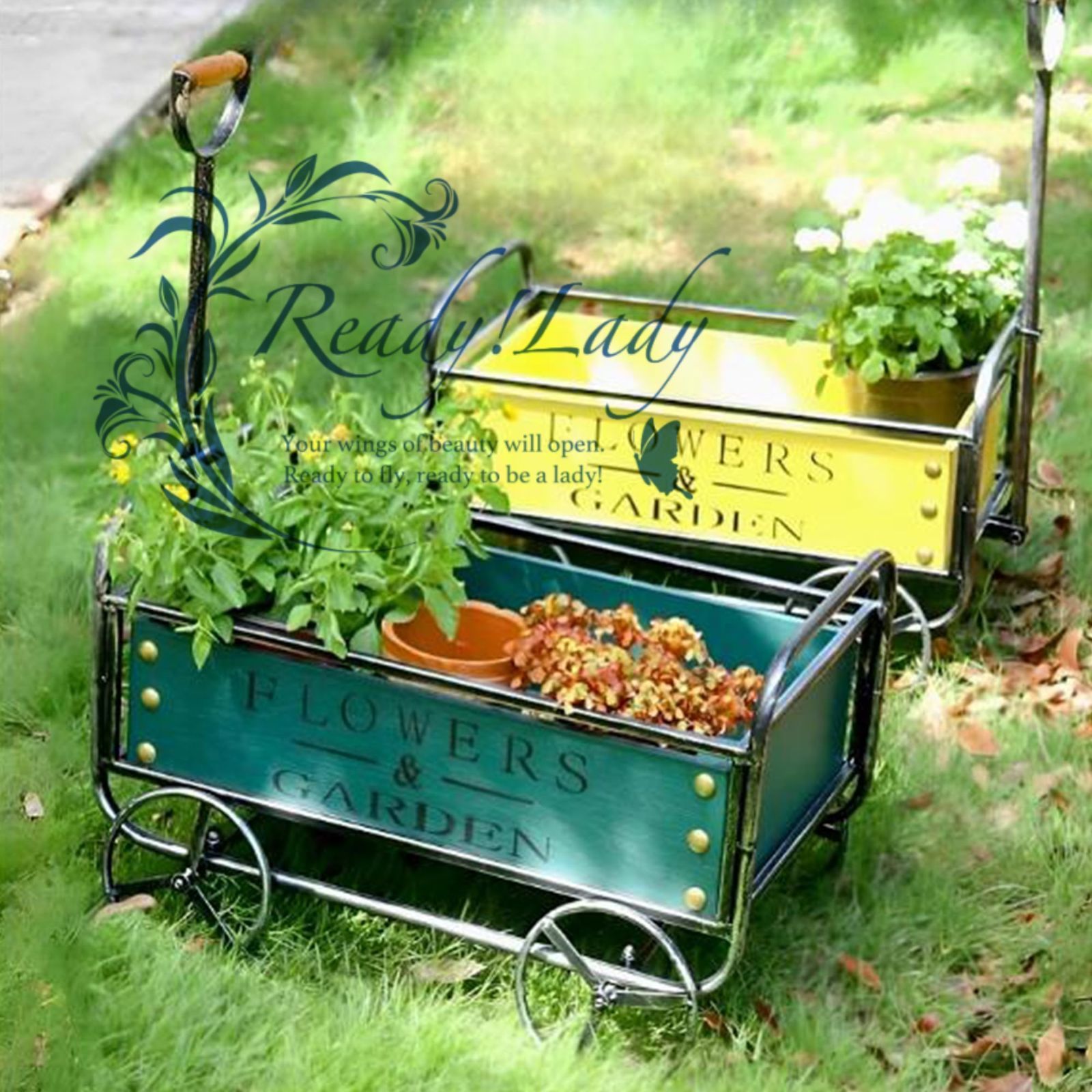 フラワー スタンド 屋外 アイアン ガーデントロリー 手押し車 4輪車 幅