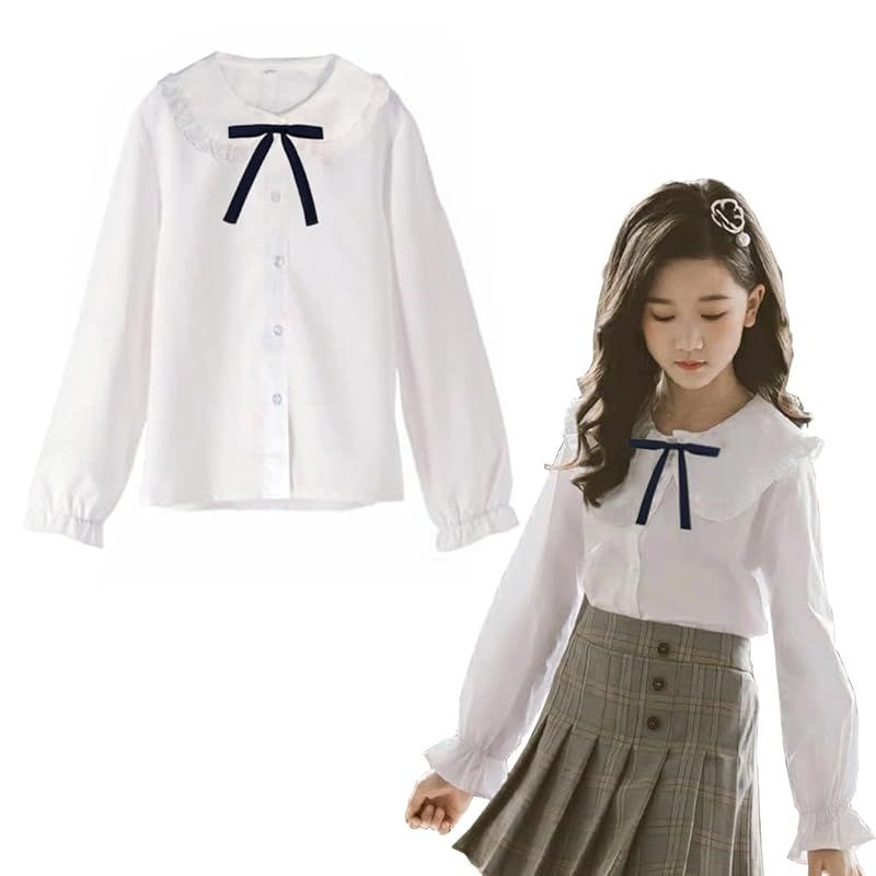 [WUOWU] 子供服 女の子 シャツ フォーマル ブラウス 子供 白ブラウス キッズ ワイシャツ リボン付 フリル 長袖 入学式 発表会 卒業式 結婚式 受験 女の子 ブラウス 1
