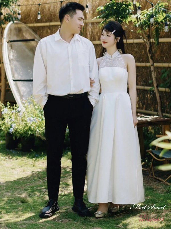 ウェディングドレス ロングドレス コクーンライン ホルターネック ノースリーブ 二次会 挙式 サテン 花嫁 ウエディングドレス ブライダル 結婚式 前撮り pai5a268029