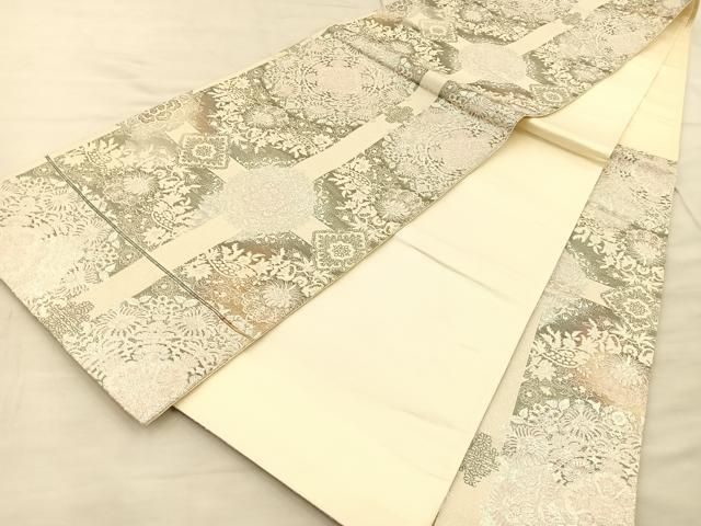 A 純プラチナ箔 オリエント更紗 正倉院華文 銀糸 六通 正絹 フォーマルな袋帯 A 純プラチナ箔 オリエント更紗 正倉院華文 銀糸 六通 正絹 フォーマルな