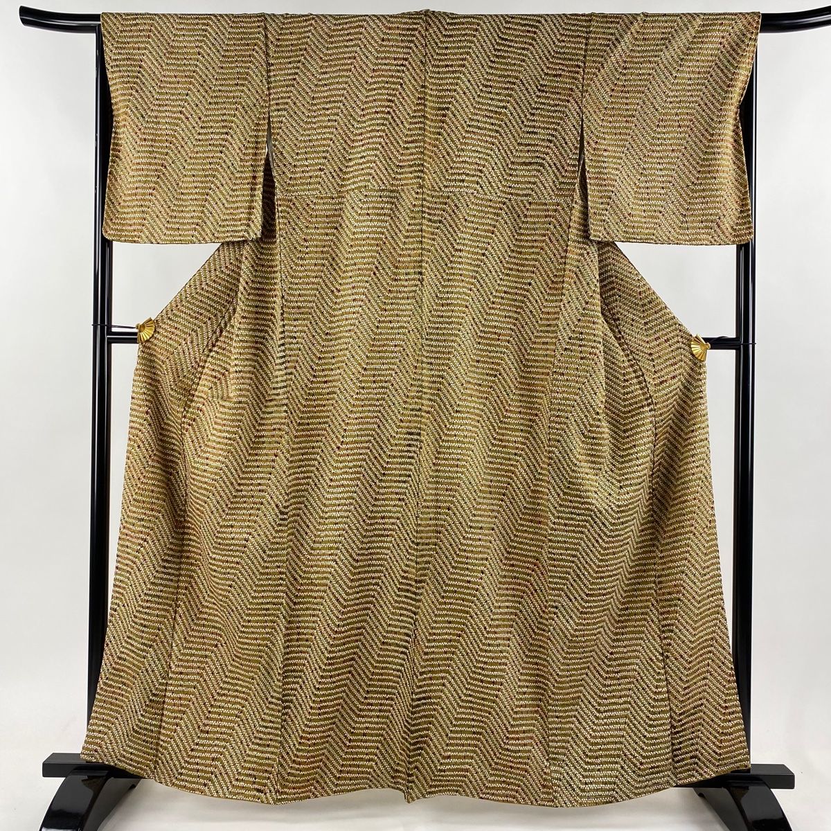 小紋 身丈162cm 裄丈67cm M 袷 幾何学 絞り 山吹茶色 正絹 秀品