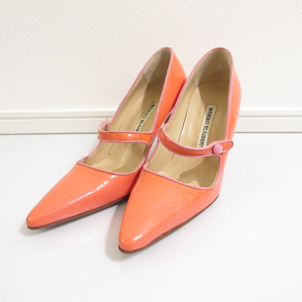 MANOLO BLAHNIK マノロブラニク Campari パテントレザー ポインテッドトゥ メリージェーン パンプス 35.5 22.5cm ピンク レディース 古着