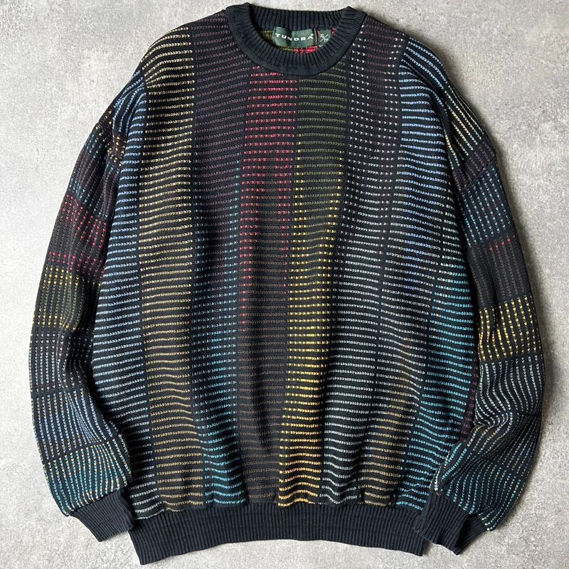 90s カナダ製 TUNDRA 総柄 ボーダー コットン ニット セーター