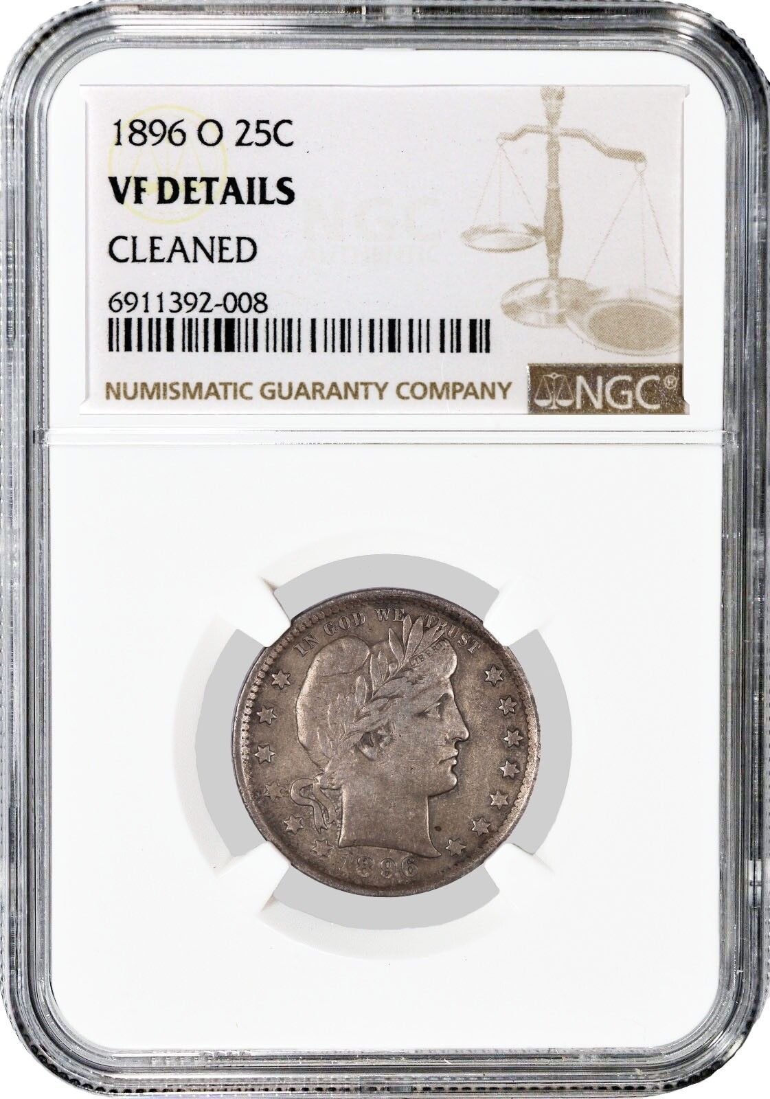 1896 O 25C Barber Quarter Silver NGC VF Details Cleaned Coin