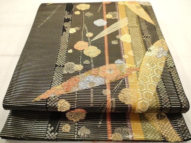 袋帯 正絹 黒地 煌めく 上品な花 六通 U-4395 袋帯 正絹 黒地 煌めく 上品な花 六通 U-4395