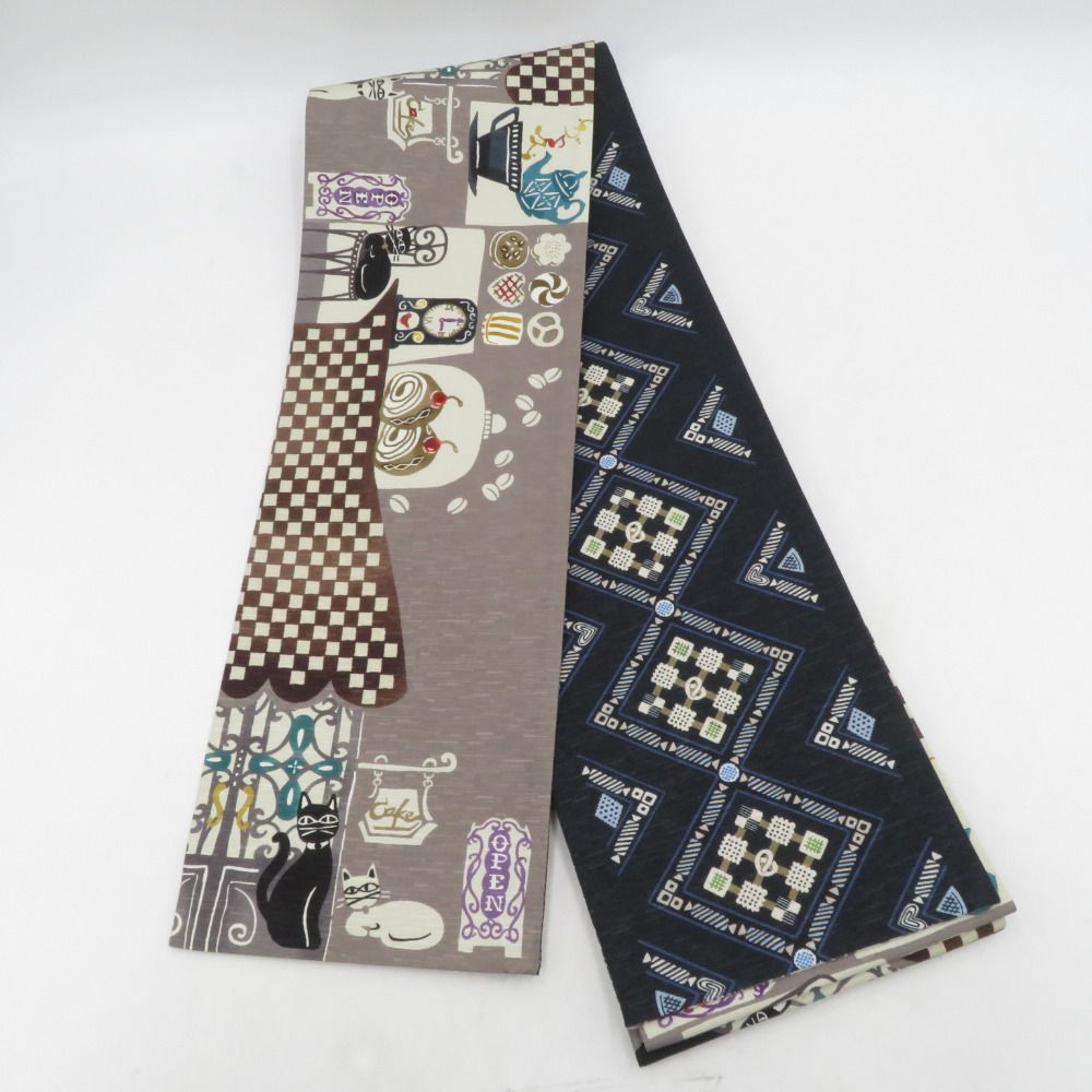 半幅帯 WAKKA ワッカ 猫カフェ クッキー柄 正絹 グレーxネイビー