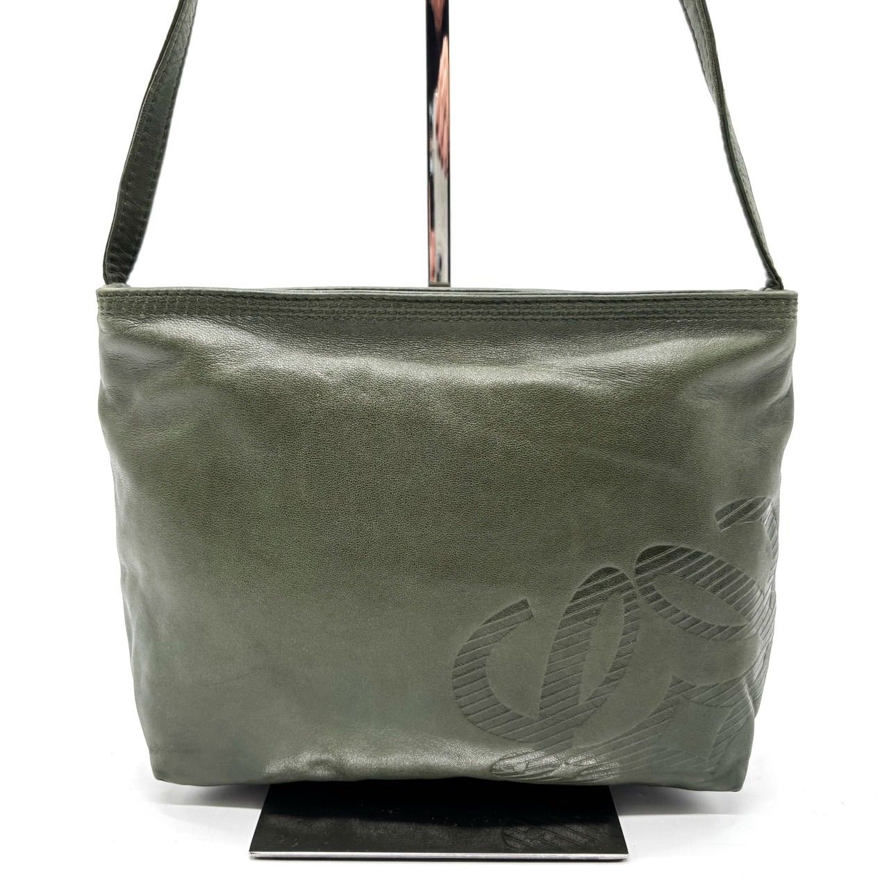 【LOEWE】ハンドバッグ　アナグラム　ロゴ型押し　キャンバス　レザー　グリーン ✨良品✨LOEWE ロエベ ショルダーバッグ トートバッグ