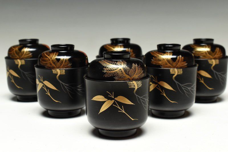 蔵A2279 木製蒔絵松竹梅文 一口椀 箸洗 六客