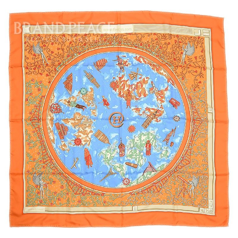エルメス カレ90 スカーフ 世界地図 www.hermes.com オレンジ