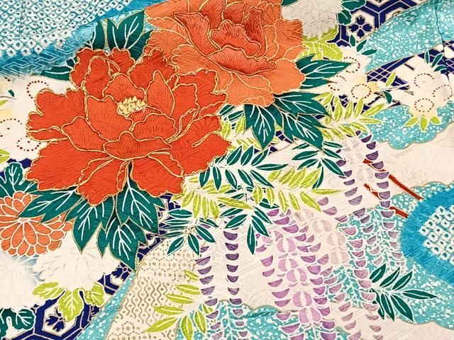 豪華振袖　駒刺繍　絞り　花筏文　正絹　逸品 平和屋着物□豪華振袖 駒刺繍 総絞り 草花文 やまと誂製 正絹
