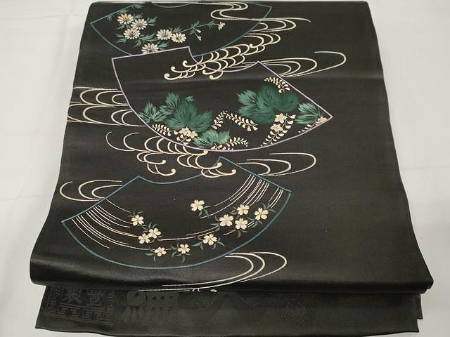 平和屋着物●アンティーク 大正ロマン 六通柄京袋帯 刺繍 地紙舞葉文 黒地 正絹 CAAX9311yk