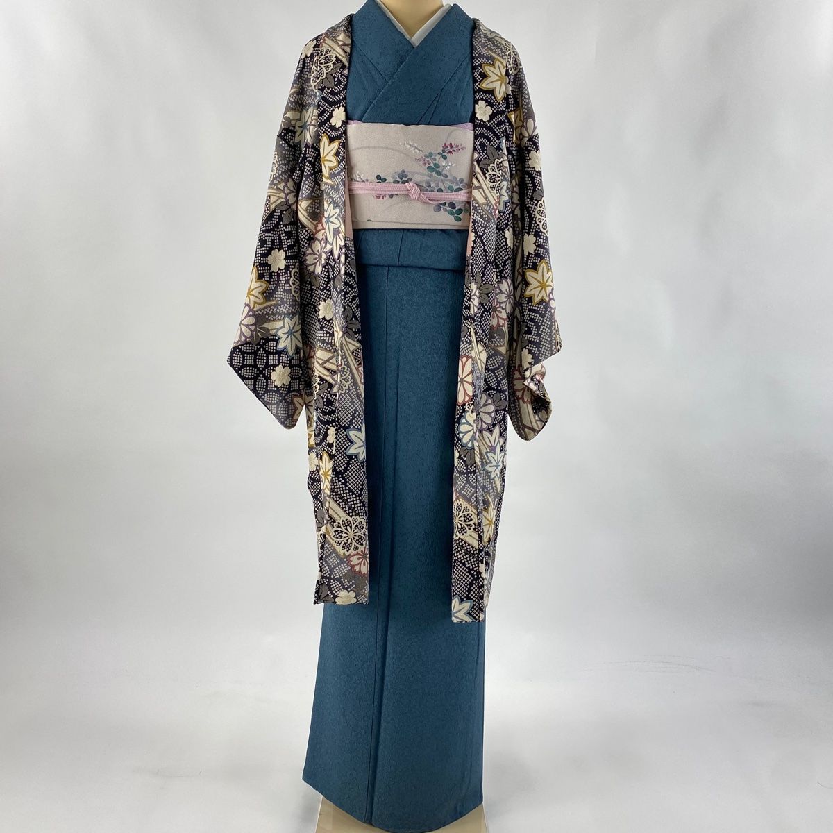 羽織 身丈101.5cm 裄丈64cm M 舟 菊 金彩 黒灰 正絹