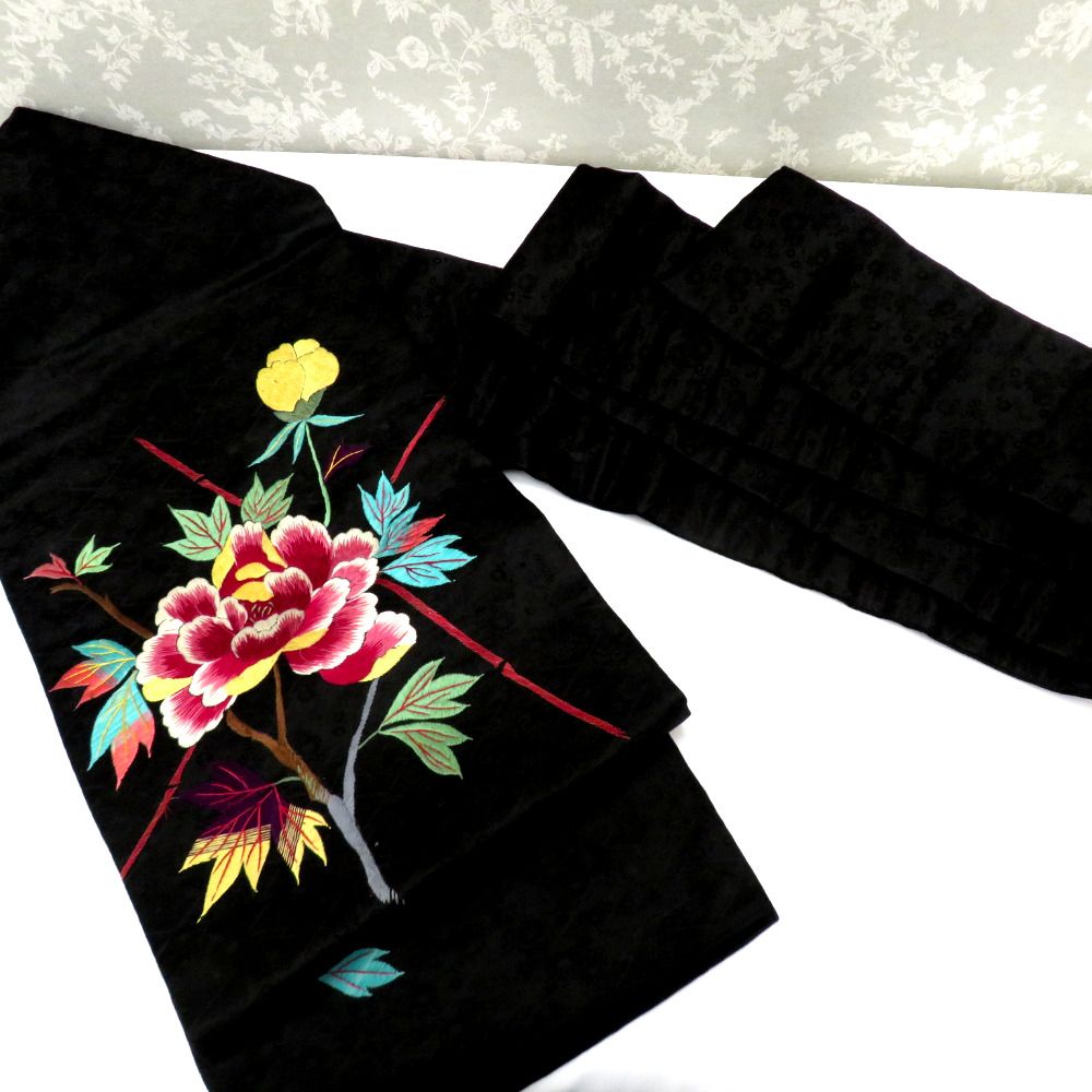 名古屋帯 繻子 昔 アンティーク帯 昔名古屋帯 黒 多色 大花 刺繍