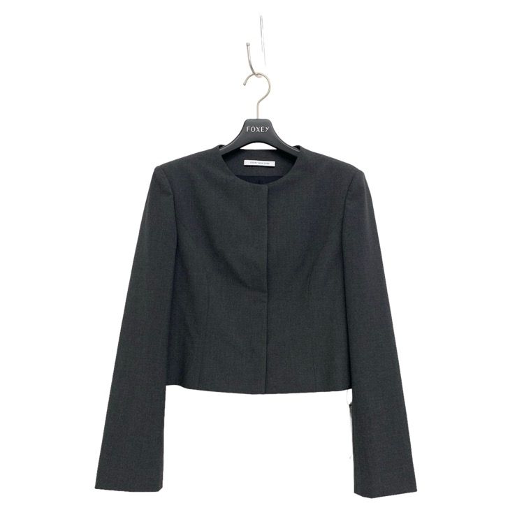 【美品】FOXEY フォクシー　ノーカラー　メッシュ切替ジャケット　グレー　38 美品】FOXEY フォクシー ノーカラー メッシュ切替ジャケット