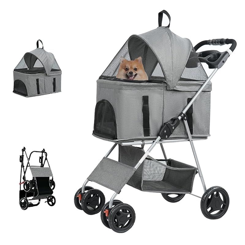 ZOOBLY ペットカート 分離型 対面式 4輪ペットカート 3way 折りたたみ 多頭 中型犬 小型犬 耐荷重25KG 前輪360°回転 後輪ブレーキ付き 犬カートキャリバッグ ペット用 介護 お出かけ 旅行 グレー 1