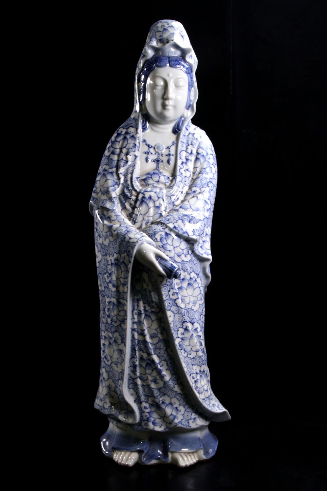 九谷焼 白磁製染付観音菩薩立象 60cm 唐物 骨董 古美術 楾 G259