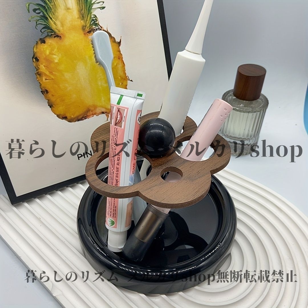歯ブラシ立て 新作 バスルーム用 歯ブラシホルダー エレガント 猫型セラミックマグ ブラックアクセント付き 花柄木製歯ブラシオーガナイザー マーブルカウンタートップディスプレイ カップル 夫婦 バスルームデコレーション用  ブラウン