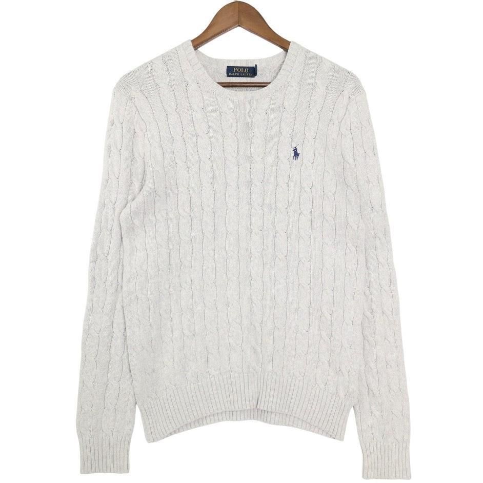 ポロラルフローレン ケーブルニット クルーネックセーター グレーXL ポニー刺繍 美品✨ ポロラルフローレン ケーブルニット グレー ポニー刺繍