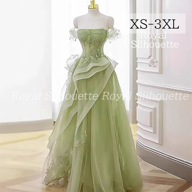 ナイトドレス パーティー ドレス オフショルダー グリーン 緑 結婚式 大きいサイズ ドレス 謝恩会 XS S M L XL LL 2XL XXL 3XL XXXL パーティー 姫系 発表会 披露宴 豪華 透け感 プリンセス ロング丈 フェミニン レース