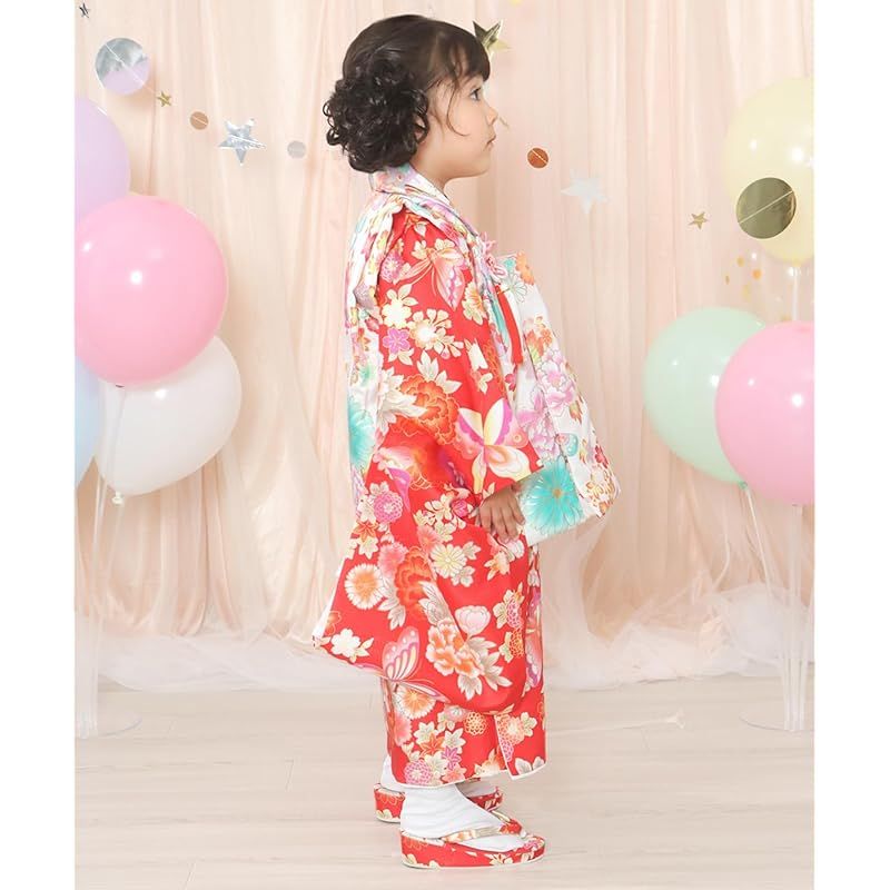 KYOETSU キョウエツ 着物セット 七五三用 3歳用 被布セット 華やかC 9点セット 柄被布 柄着物 伊達衿 長襦袢 髪飾り 巾着 草履 腰紐 足袋 ガールズ ワンサイズ 12.蝶舞う緋色の華 0