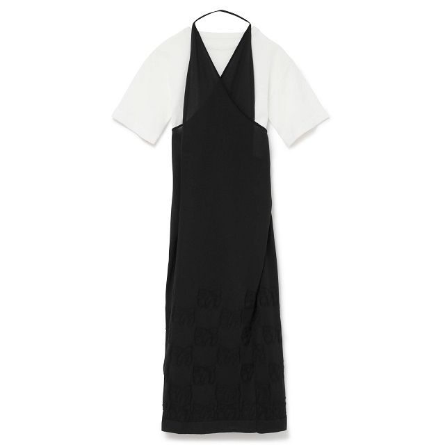 TAN タン 23SS 日本製 SIGNATURE PATTERNED TWIST DRESS-CROPPED TEE シグネチャーパターンツイストドレス - クロップドTシャツ TN23SS023 BLACK ワンピース セットアイテム トップス