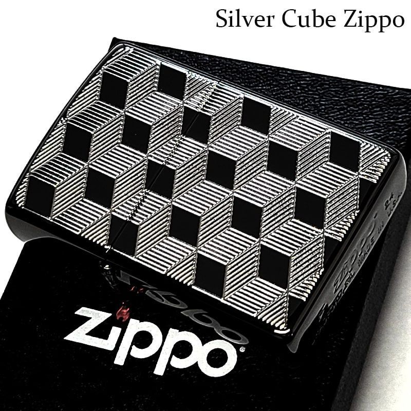ZIPPO ライター キューブ ジッポ かっこいい シルバー 両面加工 おしゃれ 彫刻 ブラックニッケル 銀 メンズ ギフト プレゼント
