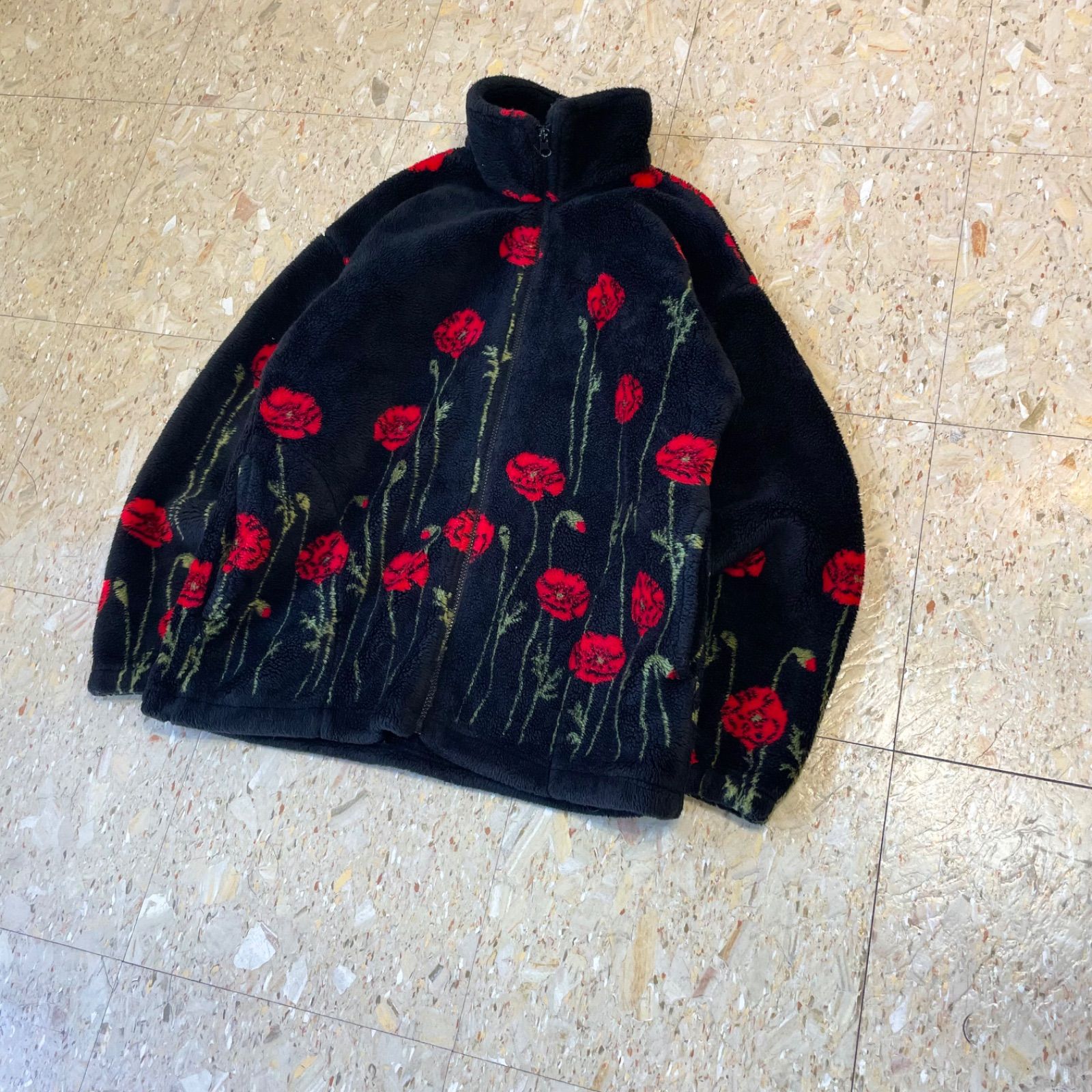 90s USA製　MAZMANIAマズマニア　フリースジャケット　サイズL薔薇 90s USA製 【MAZMANIA】 マズマニア バラ フラワー フルジップ