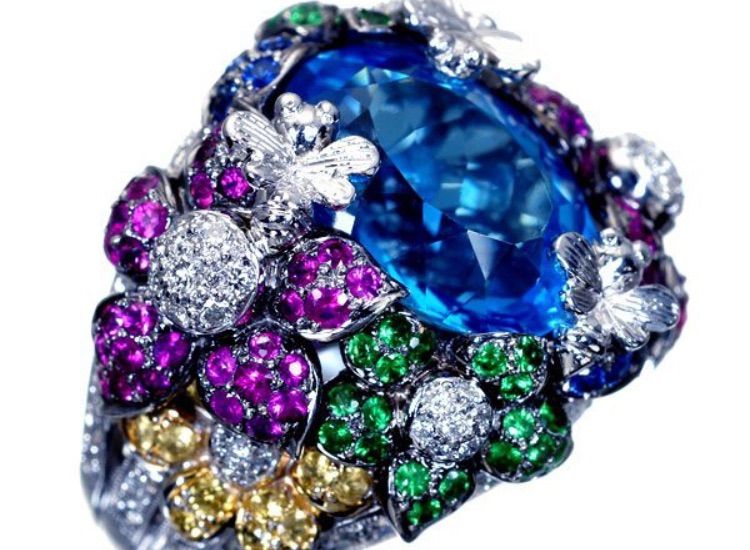 超大粒天然ブルートパーズ12.11ct＆マルチ宝石＆ダイヤ1.18ct 超