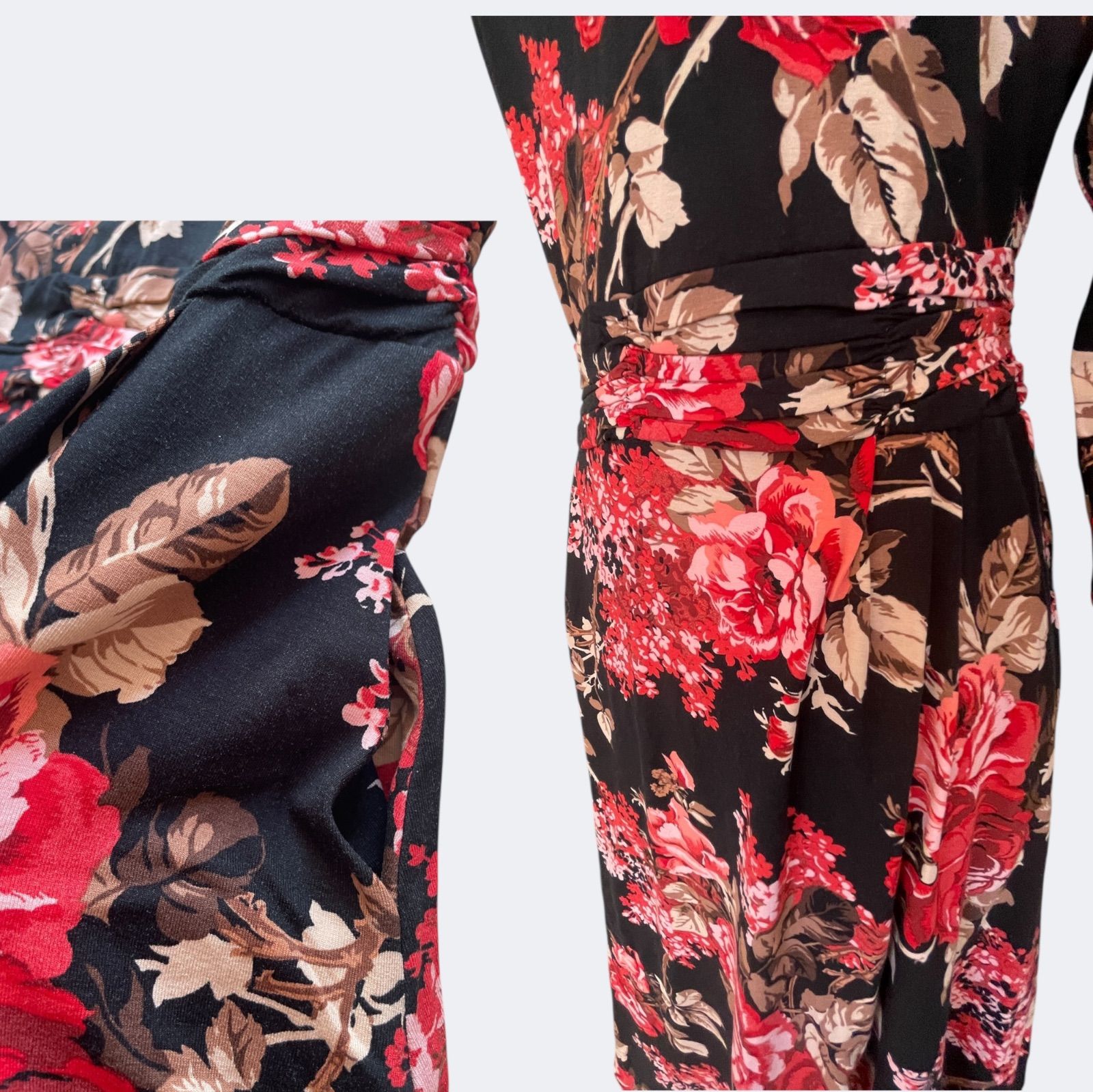 秋冬大人ブラックxレッドお花柄柔らかフ ワンピース