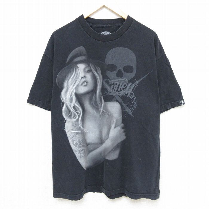 XL/古着 半袖 Tシャツ メンズ 女性 スカル コットン クルーネック 黒 ブラック 24jul06 中古
