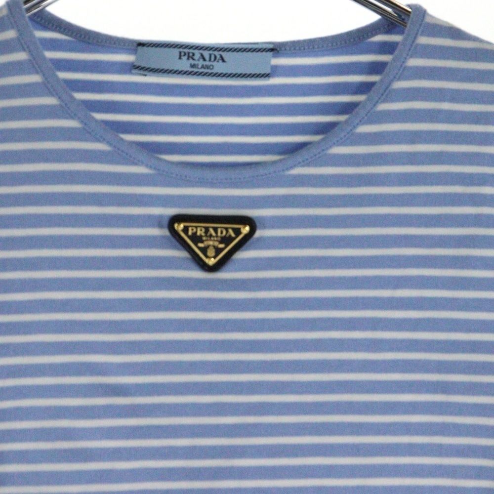 PRADA プラダ 23SS ボーダー総柄 トライアングルロゴプレート クルーネック 五分袖 クロップド ショート丈 Tシャツ カットソー トップス ブルー レディース 39578 WWW_MORNINGWALKER_COM