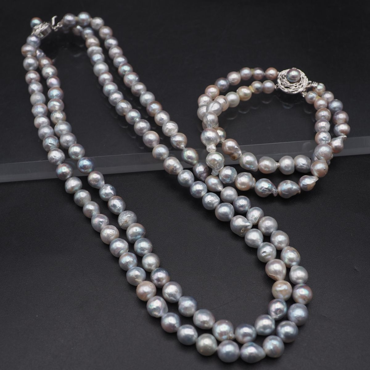 パールネックレス 2点 グレー 刻印 SILVER / 本真珠 あこや