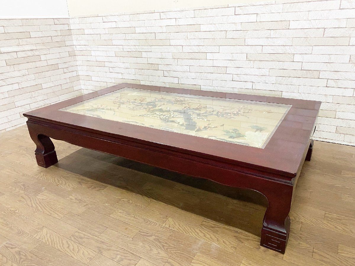 伝統工芸/花鳥図本花梨総無垢珊瑚サンゴ 彫刻座卓 座敷机 ローテーブル