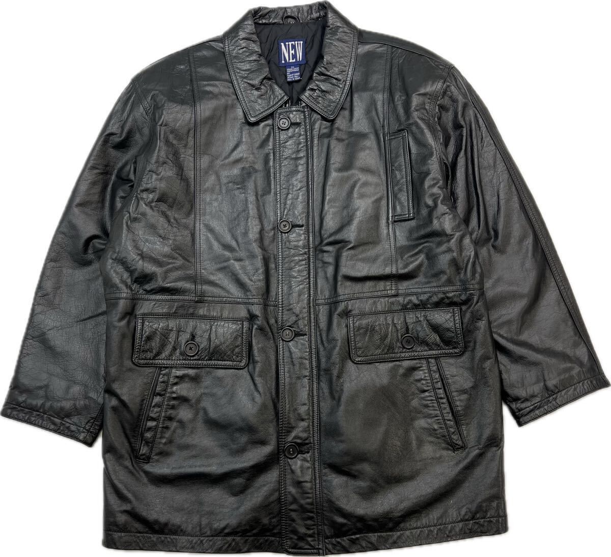 90s ☆ NEW ☆ 牛革 レザー コート ジャケット LL 秋冬 ゆるだぼ ルーズ アメカジ 古着 ストリート ヒップホップ ブラック ニュー■S3360 90s ☆ NEW ☆ 牛革 レザー コート ジャケット LL 秋冬 ゆるだぼ