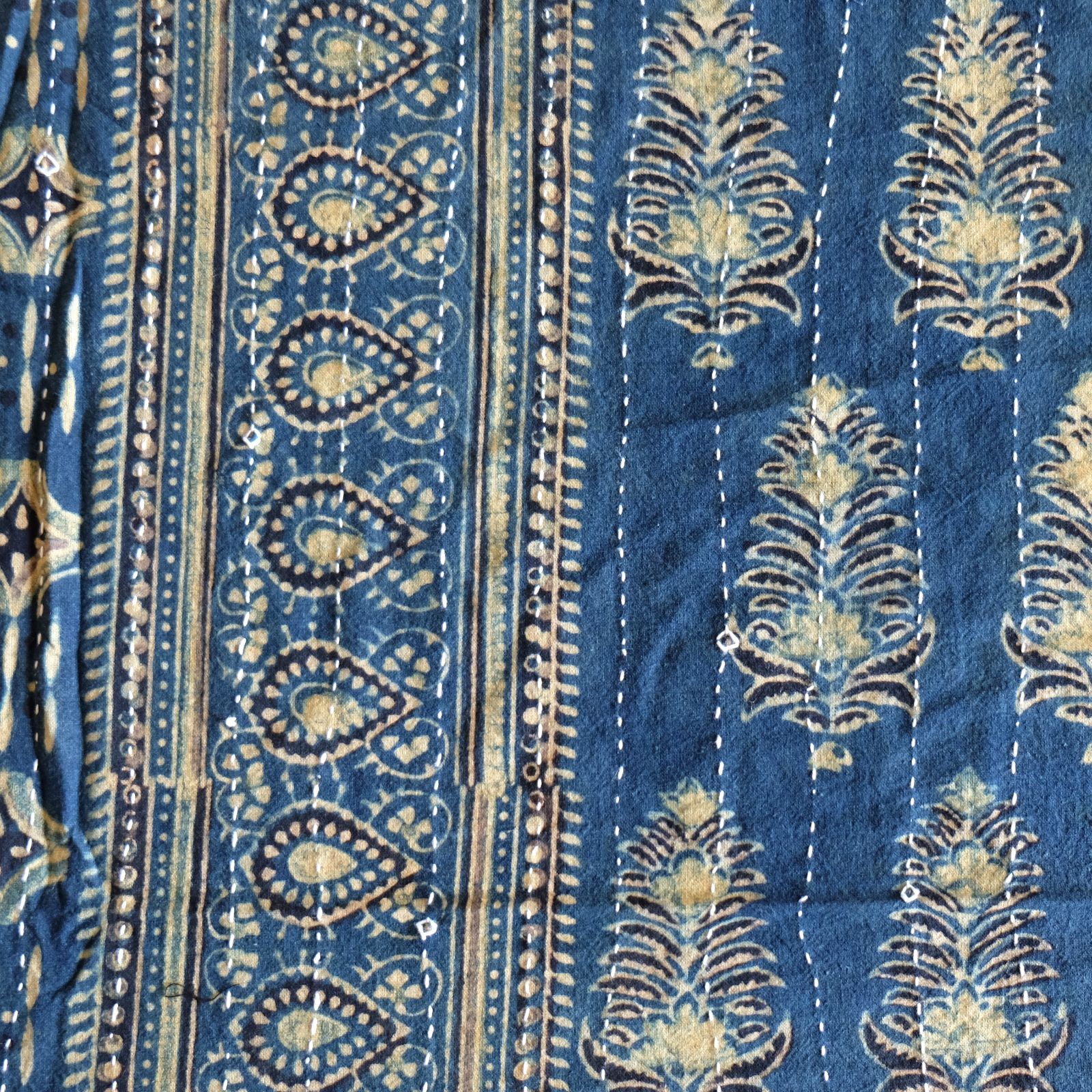 マルチクロス 刺し子 約145×235cm インド綿 ブロックプリント アジュラック ターコイズ×草木