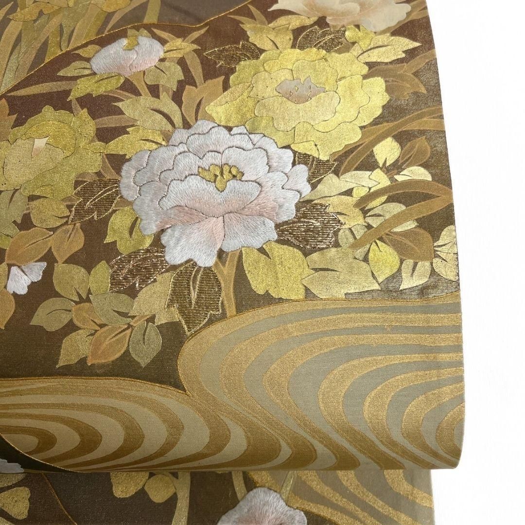 金彩　刺繍　金駒刺繍　椿　牡丹　藤　菊花　袋帯　着物　021a p 金彩刺繍金駒刺繍椿牡丹藤菊花袋帯着物021a p