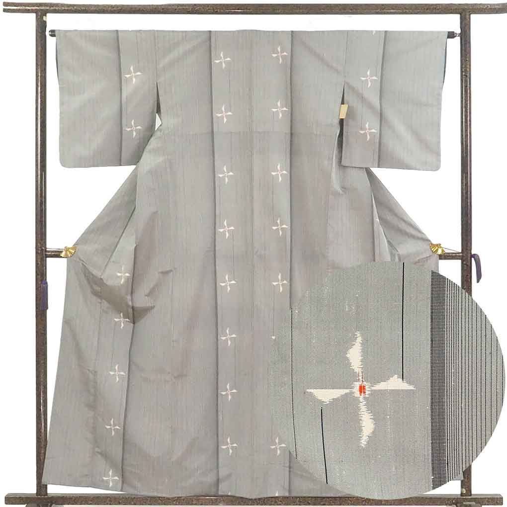 紬 身丈158cm 裄65cm 前幅28cm 後幅30cm 袖丈49cm 袖幅32.5cm レディース 袷 風車 裄Mサイズ 秋冬春用 正絹 シルク グレー リメイク リユース リサイクル 呉服のきくや